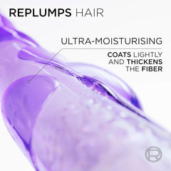 Hair serum graphic: replumps hair, lightly coats and thickens the fiber