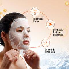 Facial sheet mask applied to face, white serum-soaked sheet covering