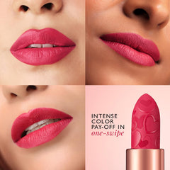 Red-pink matte lipstick on lips, four close-up panels