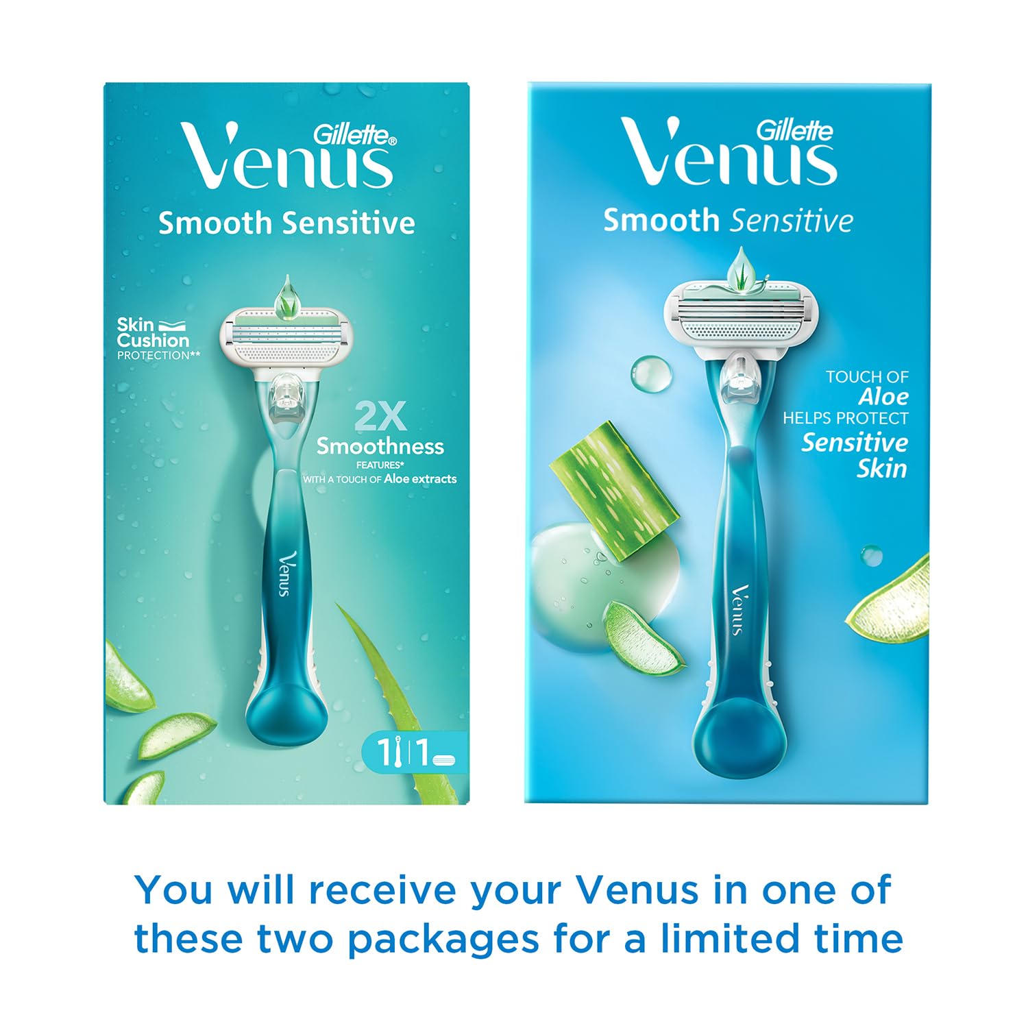 Smooth Sensitive razor twin-pack in teal boxes with Venus branding