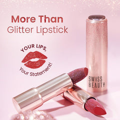 Glitter lipstick shade 01 Sparkle Gold with rose-gold tube and open lipstick bullet