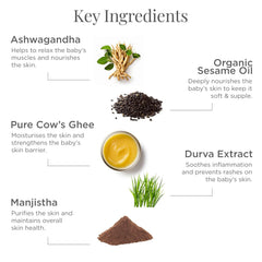 Baby body massage oil key ingredients: ashwagandha, organic sesame oil, cow’s ghee