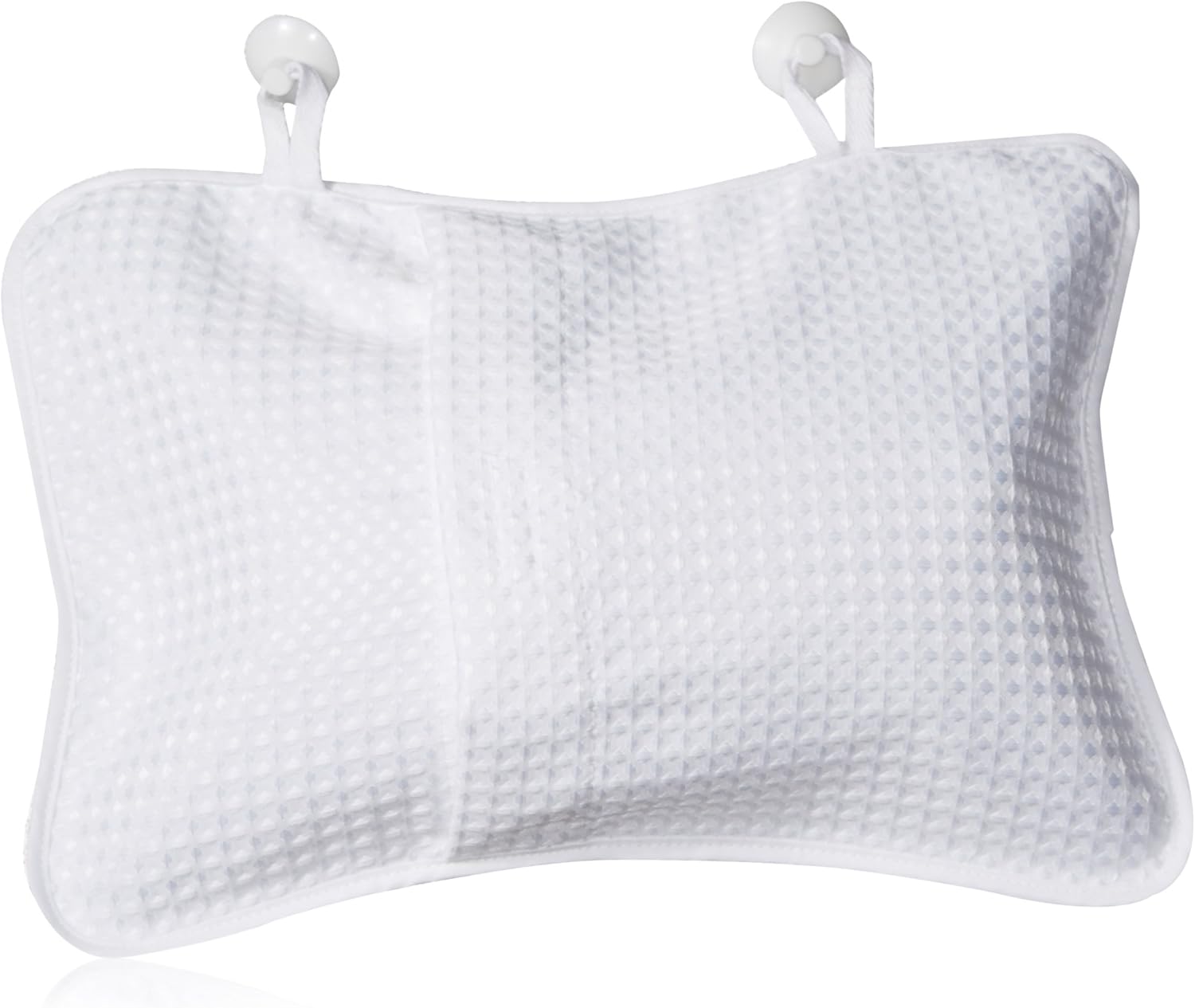 Inflatable bath pillow in white, textured cushion with two suction-cup neck supports