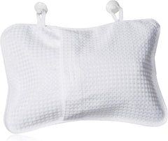 Inflatable bath pillow in white, textured cushion with two suction-cup neck supports