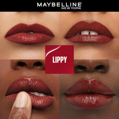 Glossy deep red liquid lipstick on lips, four swatches showing shine