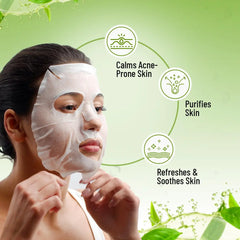Facial sheet mask on woman’s face, covering cheeks and chin