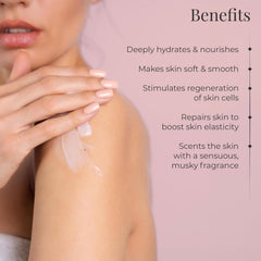 Body cream application on model shoulder; hands smoothing cream