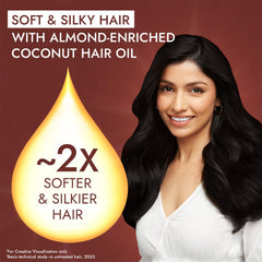 Parachute coconut hair oil promotional poster with smiling woman and yellow droplet graphic