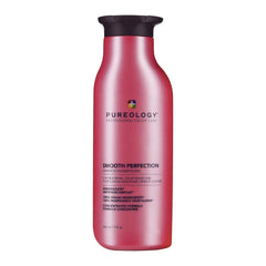 Pureology Smooth Perfection shampoo bottle, dark red with black cap