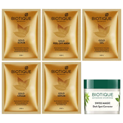 Biotique gold facial kit sachets steps 1-3 plus gold cream, serum, and dark spot corrector