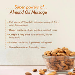 Almond baby oil massage benefits graphic with bowl of almonds