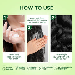 Hair cream how-to infographic showing application steps and hair results