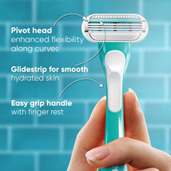 Blue-and-white women's razor with pivoting head and easy-grip handle
