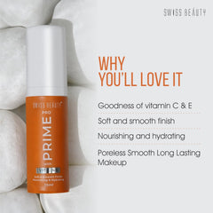 Makeup primer bottle with white pump, Vitamin C & E, soft smooth finish