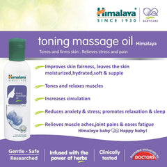 Himalaya toning massage oil bottle with green cap on purple benefits infographic