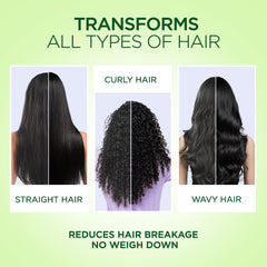 Hair benefit infographic for different hair types: straight, curly, wavy