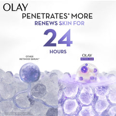 Retinol Max skincare promo showing 24 hours claim with purple ice-like spheres
