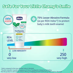 Kids toothpaste tube with fluoride; front panel shows low abrasive and RDA level scale.