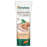 Blackhead clearing walnut face scrub tube, green base, white bottle, 50 g