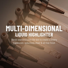 Multiple liquid highlighter bottles with dropper caps lined up for display