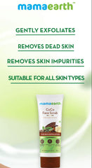 Mamaearth CoCo Face Scrub promo panel: GENTLY EXFOLIATES, REMOVES DEAD SKIN; tube