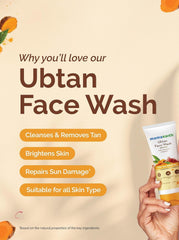 Face wash benefits panel: cleanses removes tan, brightens skin, repairs sun damage