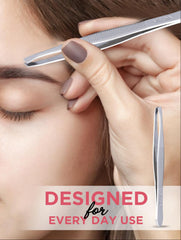 Square-tip stainless steel tweezer held by fingers near eyebrow