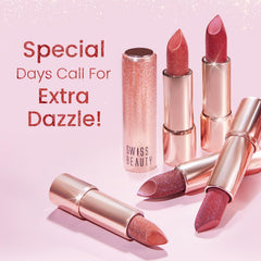 Set of glitter lipsticks with rose-gold and deep red glitter shades and metallic tubes