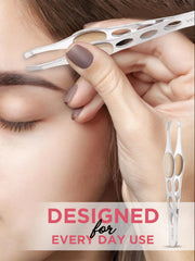 Stainless steel tweezer with beige rubber grip being used along the eyebrow