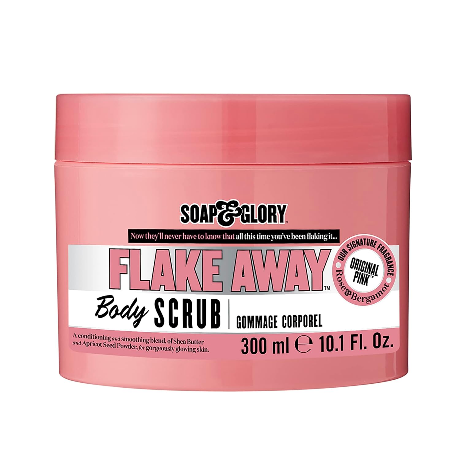 Soap & Glory Flake Away body scrub jar, pink, 300 ml