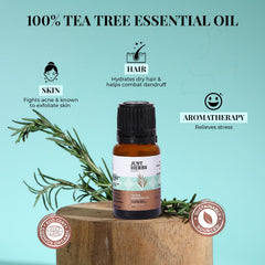 Tea tree essential oil bottle on a wooden slab with tea tree sprigs beside it
