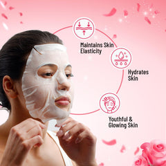 Facial sheet mask applied on a woman’s face with eyes uncovered