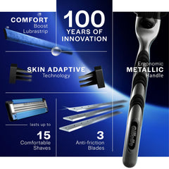 Men Mach3 razor with blue cartridge and black ergonomic handle, blades visible