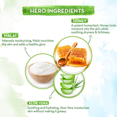 Honey Malai oil-free face moisturizer ingredients panel: honey and malai, aloe vera