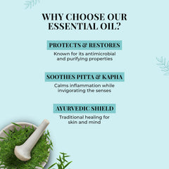 Tea tree essential oil infographic titled why choose essential oil with icons
