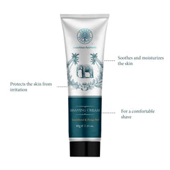 Forest Essentials shaving cream tube with teal bottom and front design
