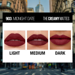 Creamy matte lipstick shade swatches on lips: light, medium, dark burgundy