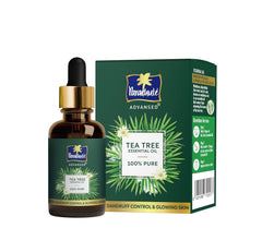 Tea tree essential oil bottle with dropper and green product box, 14 ml