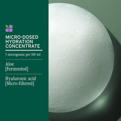Hydrating micro-dose concentrate graphic with water droplets and ingredient callouts.