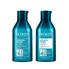 Redken Extreme Length shampoo and conditioner bottles, teal blue