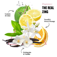 Fragrance ingredient graphic: lemon, lime, neroli, sweet orange, petitgrain and vanilla