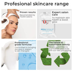 O3+ bridal facial kit sachet shown in skincare range collage, white single-use pouch