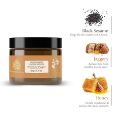 Facial scrub jar with black sesame, jaggery, honey ingredient callouts.