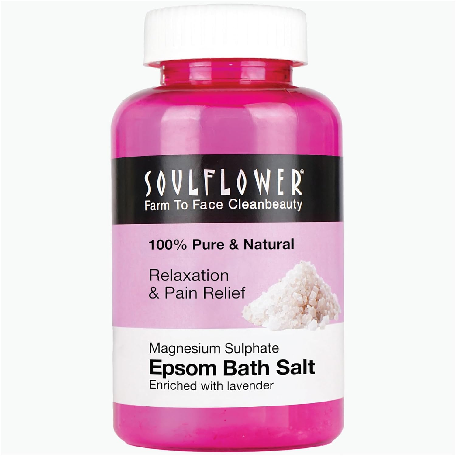 Lavender Epsom bath salt jar with white cap and pink label