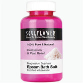 Lavender Epsom bath salt jar with white cap and pink label
