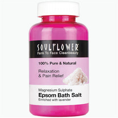 Lavender Epsom bath salt jar with white cap and pink label