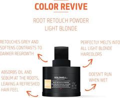 Goldwell Color Revive root retouch powder container with infographic text and arrows