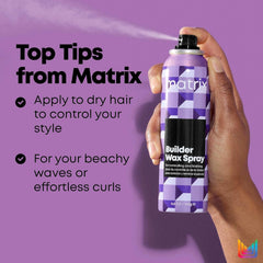Hand holding Matrix Builder Wax Spray bottle with purple label and black cap