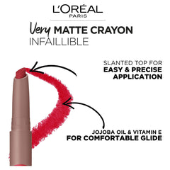 Matte lip crayon with slanted tip, shown in mauve with red crayon