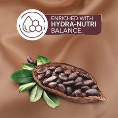 Cocoa pods and green leaves on product graphic for body lotion